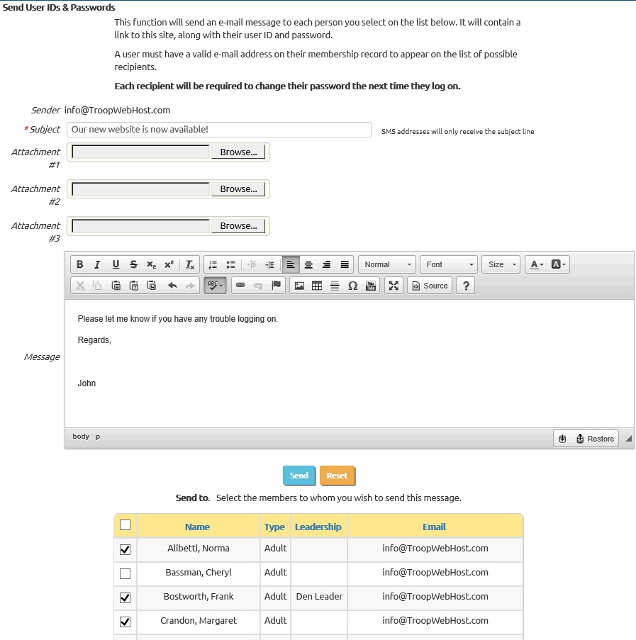 Send an e-mail to member(s) of group with User ID and Password